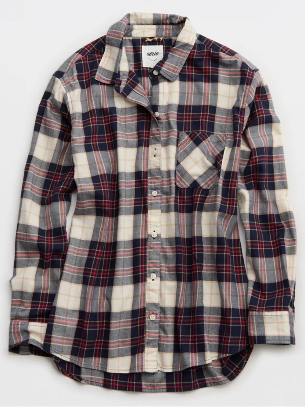 Aerie Red White Navy Blue Sz M Off-Duty Flannel Pajama Shirt Cotton Oversized